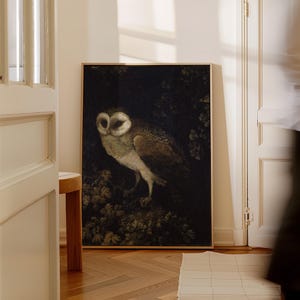 Antique painting of an owl by Moses Haughton featuring detailed feathers and a natural history illustration style.