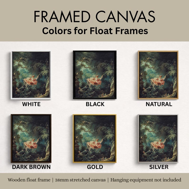 Fragonard The Swing giclée canvas framed options, wooden float frame 38mm stretched canvas colours white black natural dark brown gold silver, French Rococo romantic wall art canvas print