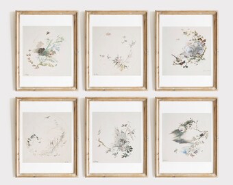 Watercolor Botanical Print Set of 6, Neutral Gallery Wall Art, Watercolor Bird Print, Watercolor Nursery Art, Minimalist Botanical Wall Art