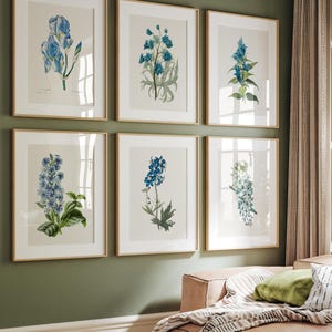 Vintage Blue Botanical Gallery Wall Set of 6, Blue Flower Art, Blue Floral Prints, French Country Farmhouse Prints, French Country Decor