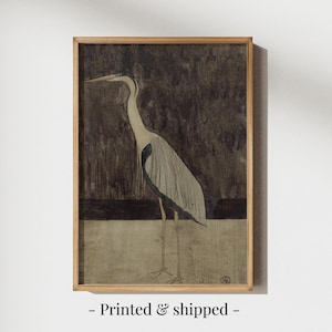 Heron Bird Vintage Print, PRINTED, Muted Neutral Coastal Wall Art, Beach House Decor, Heron Print, Earth Tone Wall Art, Japandi Wall Art