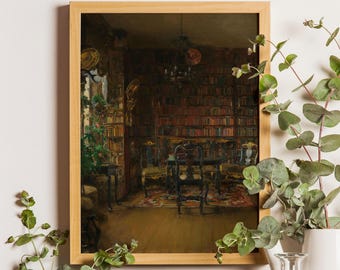 May include: A framed art print depicting a dark, dimly lit library interior with floor-to-ceiling bookshelves, a central wooden table, and matching chairs. The scene features warm brown tones, a patterned rug, and a hanging chandelier.