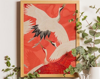 Vintage Japanese Poster with Crane , Bird illustration, Home Decor, Japanese Art Prints, Japanese Wall Art, Japanese Decor, Japan Poster