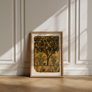 Tree of Life art print inspired by antique Persian garden painting with birds, botanical foliage, and symbolic nature imagery.