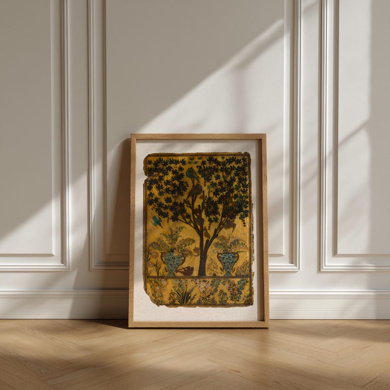 Tree of Life art print inspired by antique Persian garden painting with birds, botanical foliage, and symbolic nature imagery.