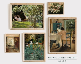 Country Landscape Gallery Wall Print Set, Vintage Paintings, Summer Gallery Wall Set of 5, Green Gallery Wall Set, Country Art Prints