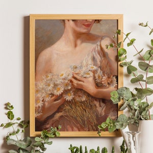 Dipinto di donna con margherite, stampa di fiori antichi, arte murale di margherite, ritratto di donna vittoriana, arte femminile, poster vintage, arte femminile vintage