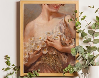 Lady With Daisies Painting, Antique Flowers Print, Daisies Wall Art, Victorian Woman Portrait, Woman Art, Vintage Poster, Vintage Woman Art