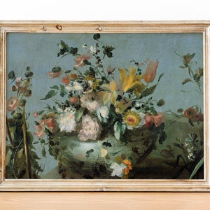 Impresión de arte vintage de naturaleza muerta con melancolía, pintura de jarrón de flores, arte floral de pared, arte vintage, pintura de flores, arte floral, decoración del hogar, arte con melancolía