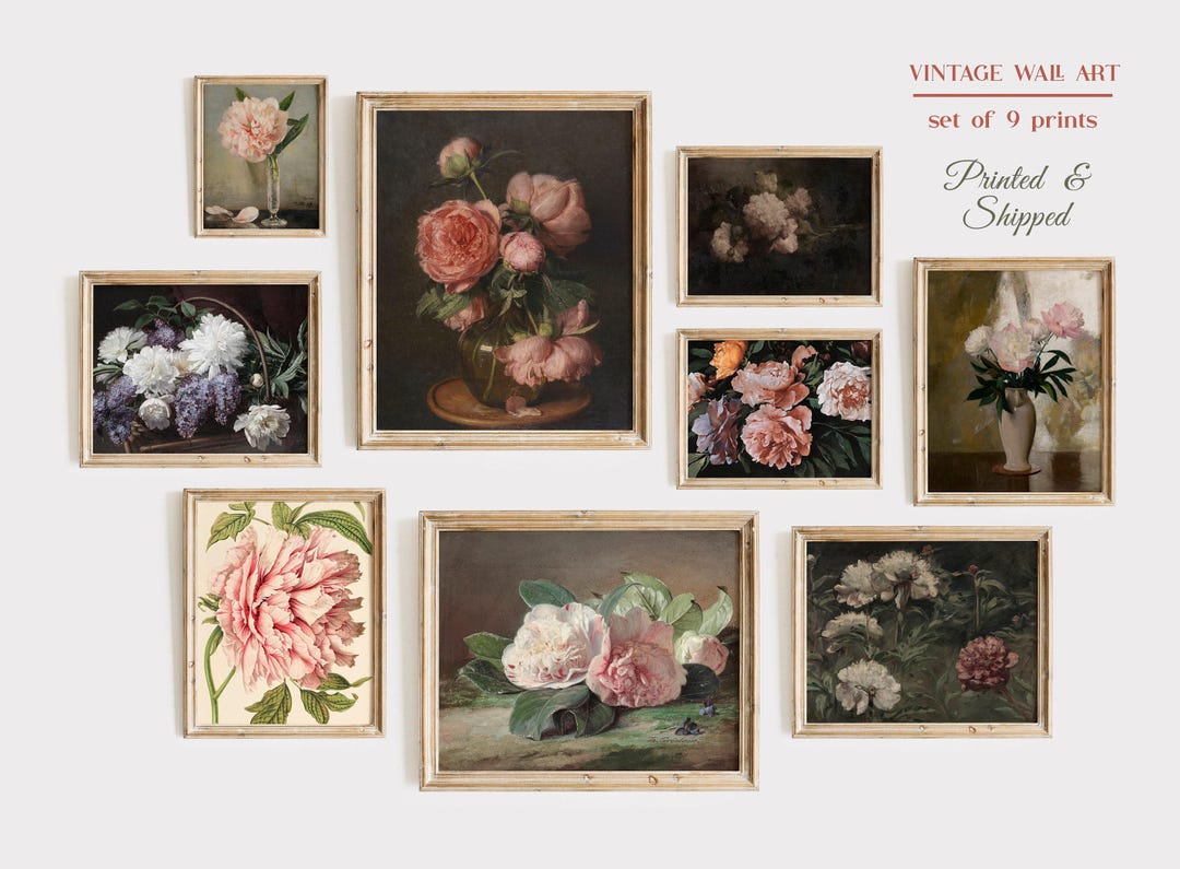 Vintage Peony Print Set, Botanical Flower Wall Decor (set of 9) - Etsy