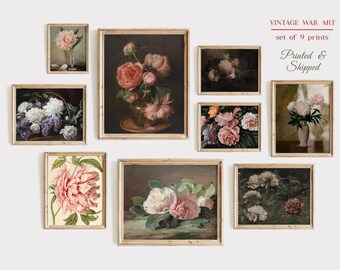 Vintage Peony Print Set, Botanical Flower Wall Decor (Set of 9)