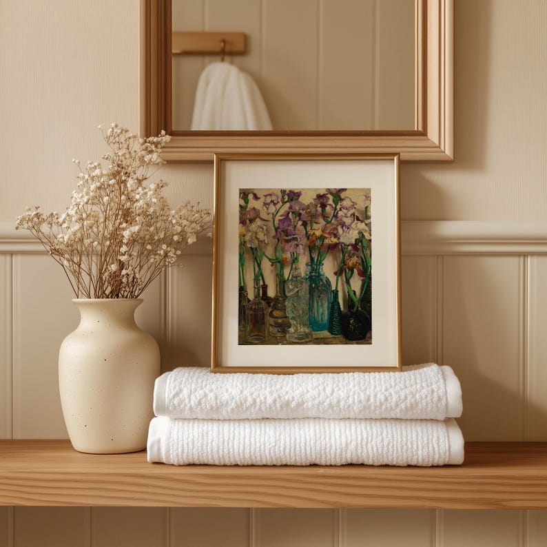 Vintage floral art print reproduction of Frederick Judd Waugh’s 1922 painting Rum Row, featuring an elegant still life arrangement of flowers in classic vases. The artwork showcases soft painterly brushstrokes, muted antique tones, and timeless botanical composition, styled as traditional wall art suitable for living rooms, bedrooms, or vintage-inspired home decor.