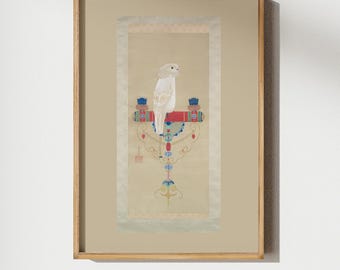 May include: A framed vertical wall art print featuring a white cockatoo perched on a red, blue, and green horizontal bar. The bird is centered above an intricate, symmetrical, multi-colored decorative stand with hanging tassels and gold accents.