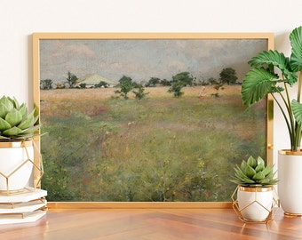 Wildflower Field Landscape Painting, Vintage Meadow Landscape Art Print, Country Field Wall Art, Meadow Art Print, Green Meadow Print,