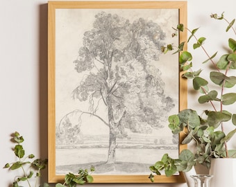 May include: A framed charcoal drawing of a large, leafy tree standing in an open field. The artwork is encased in a light-toned wooden frame, featuring detailed pencil-like shading and textures that depict the tree's foliage and trunk.