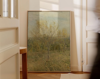 Vintage Landscape Painting: Cottagecore Green Wall Art Canvas Print