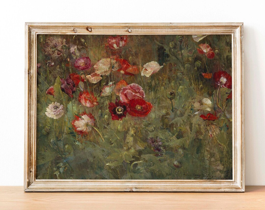 Bed of Poppies, Vintage Flower Painting, Floral Art Print, Landscape ...
