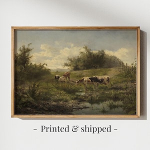 Cows at a Pond Painting, Cows Painting, Country Landscape, Vintage Painting Farm, Vintage Farmhouse Decor, Antique Cow Painting, Country Art