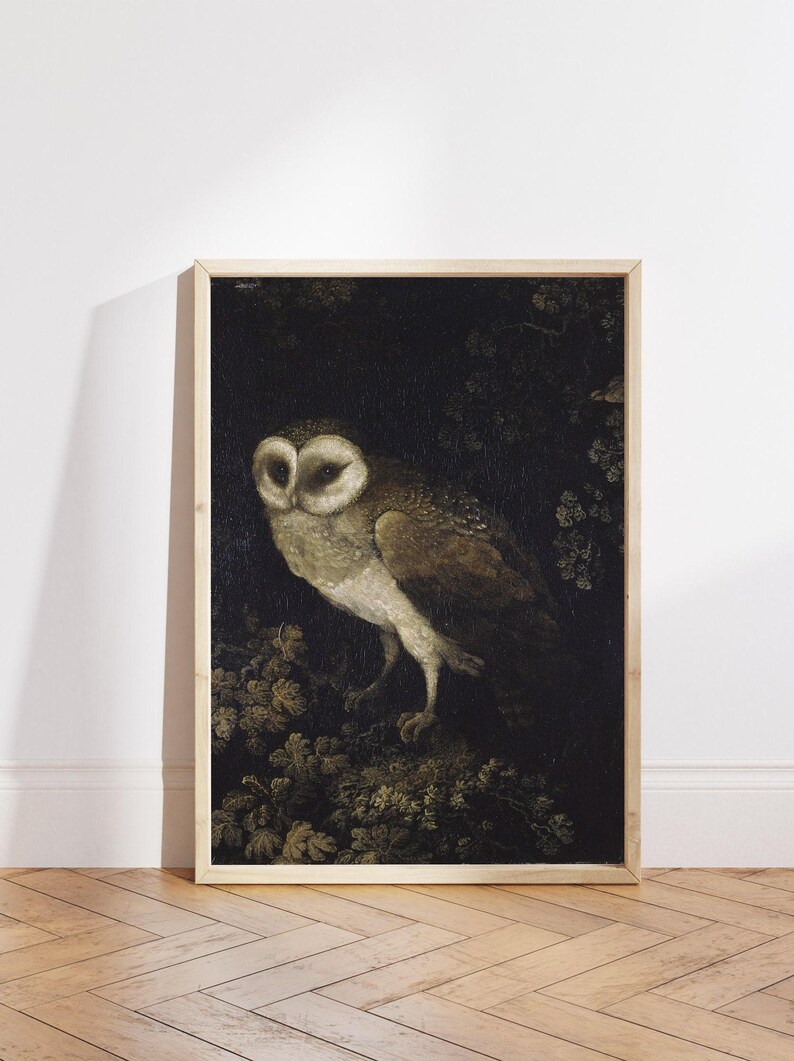 Antique Owl Painting featuring a moody, rustic bird print in a dark academia style. This vintage animal wall art showcases a detailed owl portrait, perfect for creating a scholarly, atmospheric vibe. Ideal as vintage owl print decor, owl wall art, or bird print for a study, library, or cozy reading nook. Printed wall art.