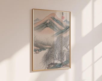 Antique Japanese Landscape Art Print: Japandi Wabi Sabi Decor