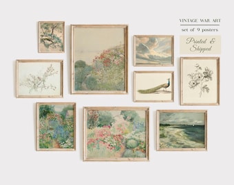 Vintage Landscape Art Print Set, Neutral Cottagecore Gallery Wall, Set of 9