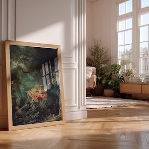 Fragonard The Swing Jean-Honoré Fragonard French Rococo art print, large natural oak float frame, leaning in bright Parisian Haussmann living room, monstera indoor plant oak mid-century sideboard stacked books, romantic maximalist living room wall decor
