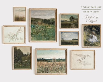 French Country Gallery Wall Art Set of 9, Vintage Summer Prints Set of 9, Vintage Meadow Prints, Antique Farmhouse, Muted Gallery Wall Art