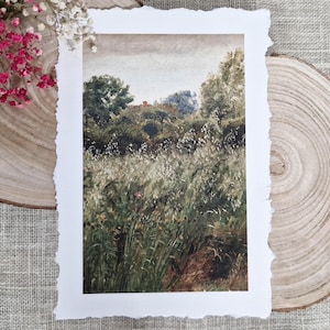 Meadow Art Print on Deckle Edge Paper, Wildflower Landscape Painting, Vintage Meadow Landscape Art Print, Country Field Wall Art, Mailed Art