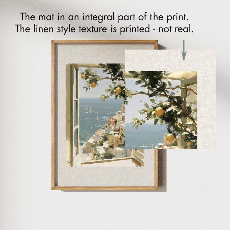 May include: Framed art print featuring a coastal scene with a window view of a town and sea. The artwork includes a linen-style texture printed on the mat. The image shows a branch with lemons.