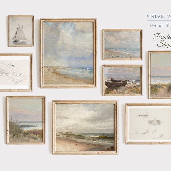 Neutral Vintage Coastal Gallery Wall Print Set of 9, Vintage Coastal Art, European Vintage Nautical Home Decor, Vintage Lake House Print Set