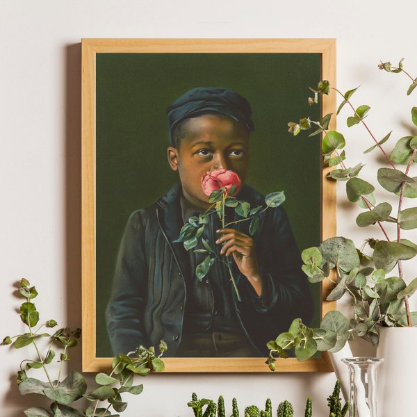 Impression d'art garçon afro-américain, art mural vintage, affiche vintage, enfant sentant la rose, portrait d'enfant noir, impression de roses roses, rose