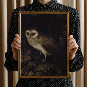 Antique painting of an owl by Moses Haughton featuring detailed feathers and a natural history illustration style.