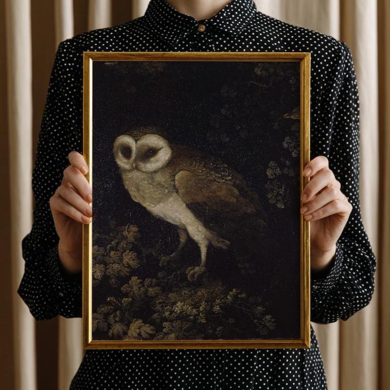 Antique painting of an owl by Moses Haughton featuring detailed feathers and a natural history illustration style.