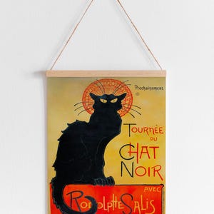 Art Nouveau Black Cat Wall Art Chat Noir print in vintage wall art poster style. Retro poster featuring elegant black cat art on yellow and red background adds charm to living room or bedroom. Unique animal poster and cat poster decor perfect for vintage lovers, blending classic French design with bold feline character. Ideal black cat art for gallery wall, office, or as a stylish gift.