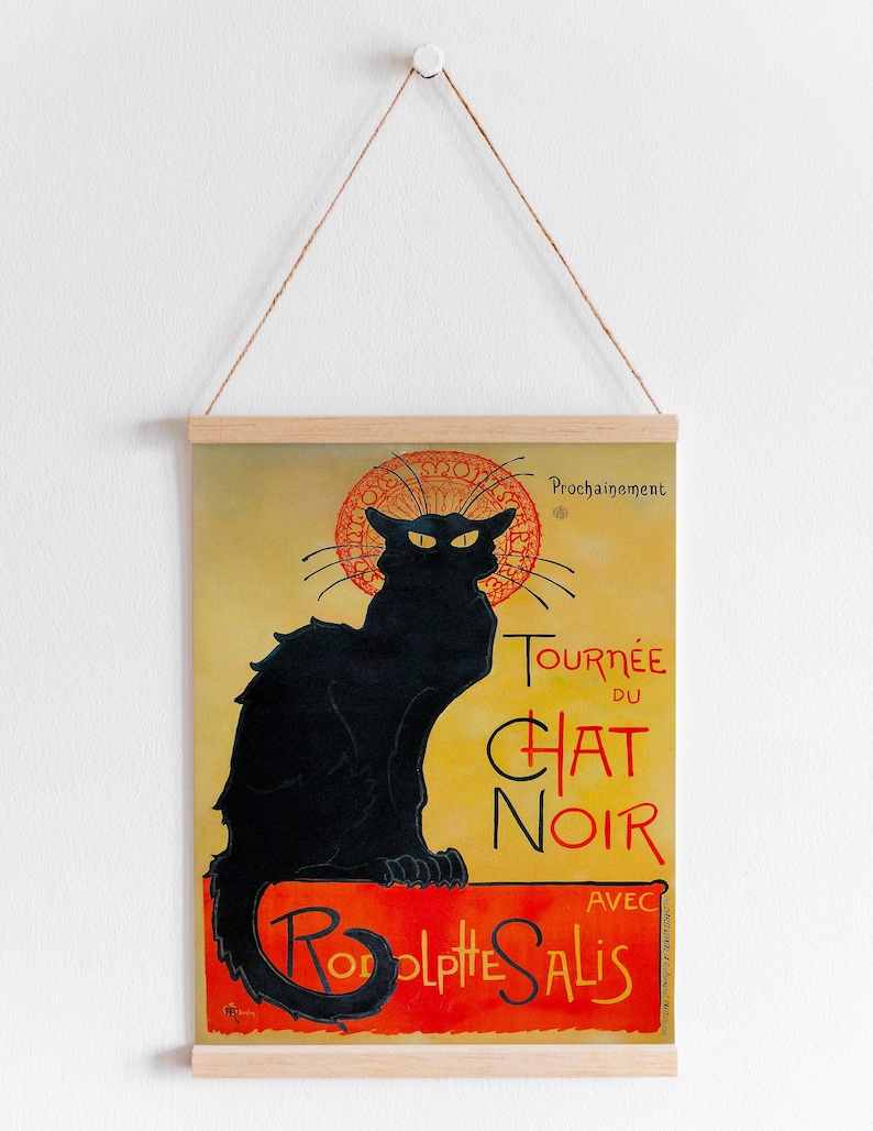 Art Nouveau Black Cat Wall Art Chat Noir print in vintage wall art poster style. Retro poster featuring elegant black cat art on yellow and red background adds charm to living room or bedroom. Unique animal poster and cat poster decor perfect for vintage lovers, blending classic French design with bold feline character. Ideal black cat art for gallery wall, office, or as a stylish gift.