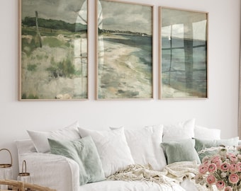 Coastal Landscape Painting Print Set: Vintage Ocean Art Triptych