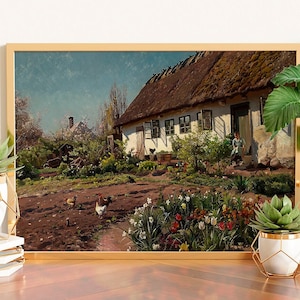 Dipinto di una bambina e polli, dipinto vintage di fattoria, arte del giardino di campagna, regalo di decorazioni di polli, decorazioni della fattoria, opera d'arte vintage