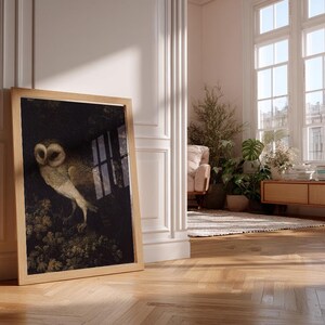 Antique painting of an owl by Moses Haughton featuring detailed feathers and a natural history illustration style.