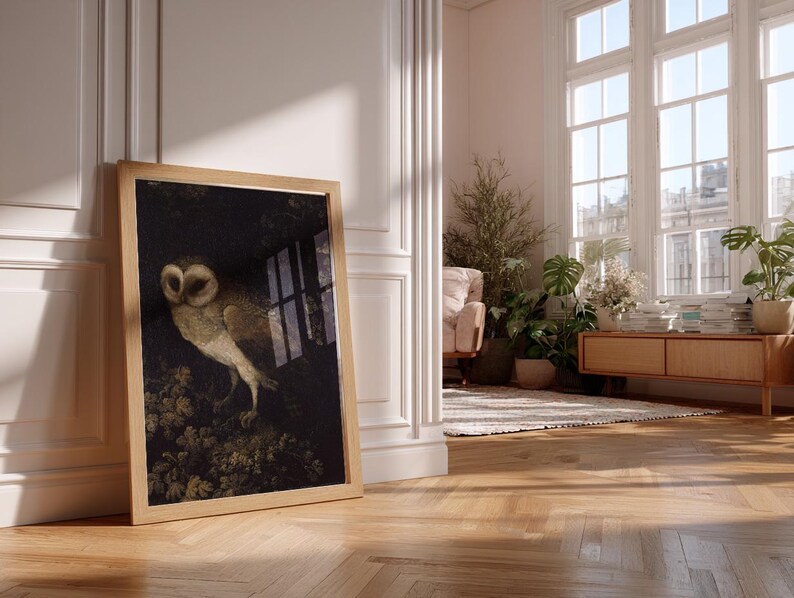 Antique painting of an owl by Moses Haughton featuring detailed feathers and a natural history illustration style.