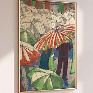 Vintage Lino Print, Umbrella Print, Ethel Spowers Art Deco Print, Linocut Print, Wall Art, Fine Art Print, Art Deco Decor, Moody Wall Art