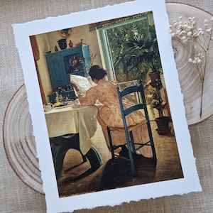 Woman at Breakfast Painting on Deckle Edge Paper, Vintage Woman Reading Print, Antique Interior Scene Painting, French Farmhouse Decor