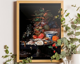 Abraham Mignon Still Life Art Print, Fruit and Oysters, Dark Art Poster