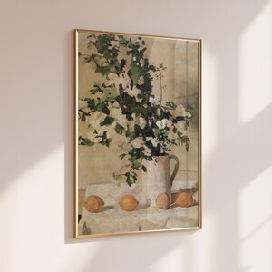 Floral and lemon still life wall art print displayed as vintage home decor. This reproduction features flowers and lemons arranged in a balanced classic composition with warm tones and refined detail, making it perfect for kitchens, breakfast nooks, gallery walls, or traditional interiors seeking timeless botanical artwork.