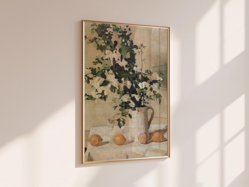 Floral and lemon still life wall art print displayed as vintage home decor. This reproduction features flowers and lemons arranged in a balanced classic composition with warm tones and refined detail, making it perfect for kitchens, breakfast nooks, gallery walls, or traditional interiors seeking timeless botanical artwork.