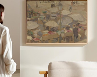 Mid Century Modern Landscape Painting: Abstract People Print, Neutral Wall Art