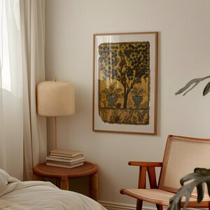 Tree of Life art print inspired by antique Persian garden painting with birds, botanical foliage, and symbolic nature imagery.