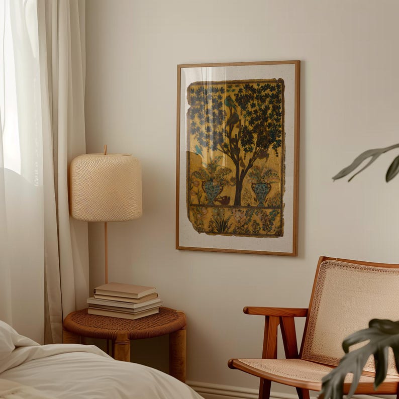 Tree of Life art print inspired by antique Persian garden painting with birds, botanical foliage, and symbolic nature imagery.