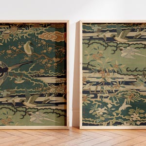 Vintage Chinoiserie Bird Prints Set: Botanical Sage Green Wall Art