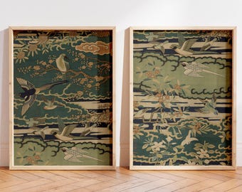 Vintage Chinoiserie Bird Prints Set: Botanical Sage Green Wall Art