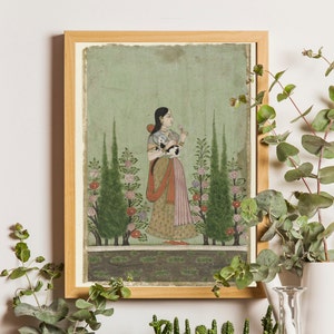 Girl holding a Calf Indian Art, Vintage Prints, Indian Folk Art, India Wall Art, Indian Royal Woman Wall Art, Pichwai Indian Painting